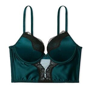 Victoria’s Secret satin green black lace pushup corset bustier bombshell bra 38D